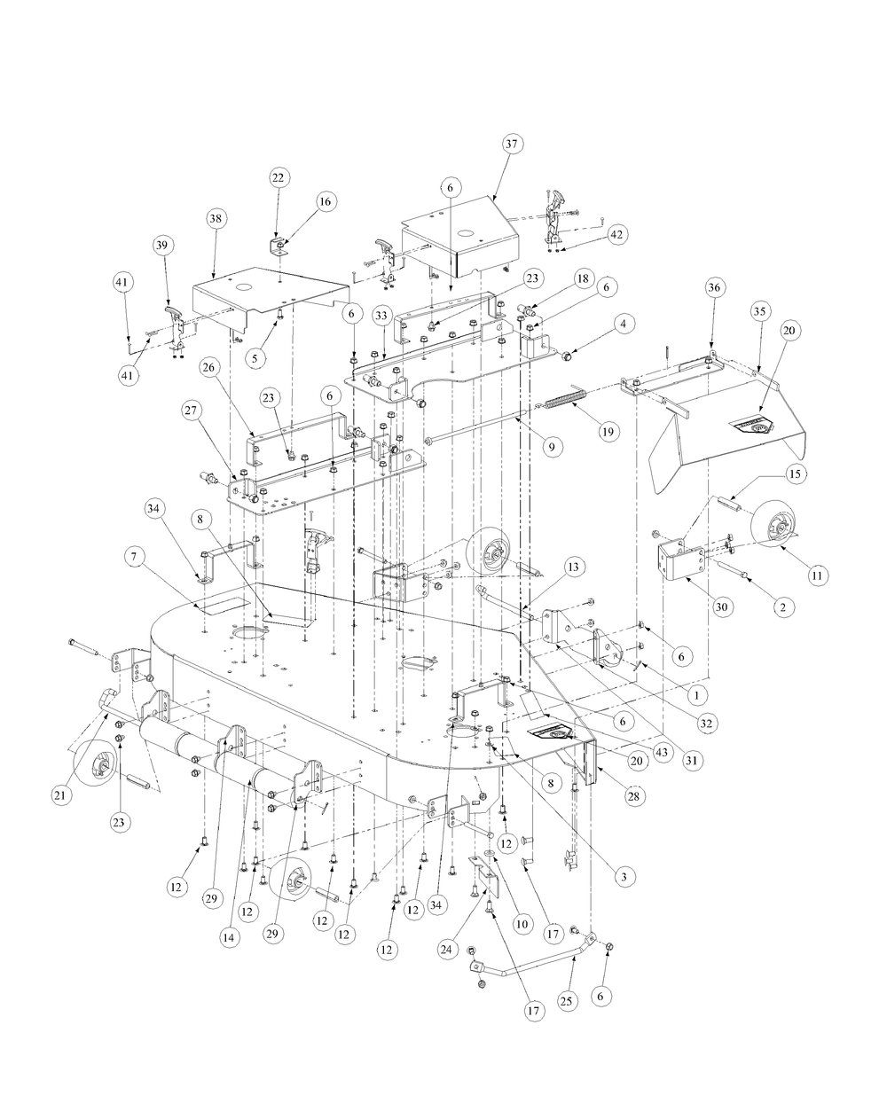 Fabricated Deck Assembly Diagram and Parts List for M54-KW 53AB5DBW150-23-HP Cub Cadet Lawn Tractor